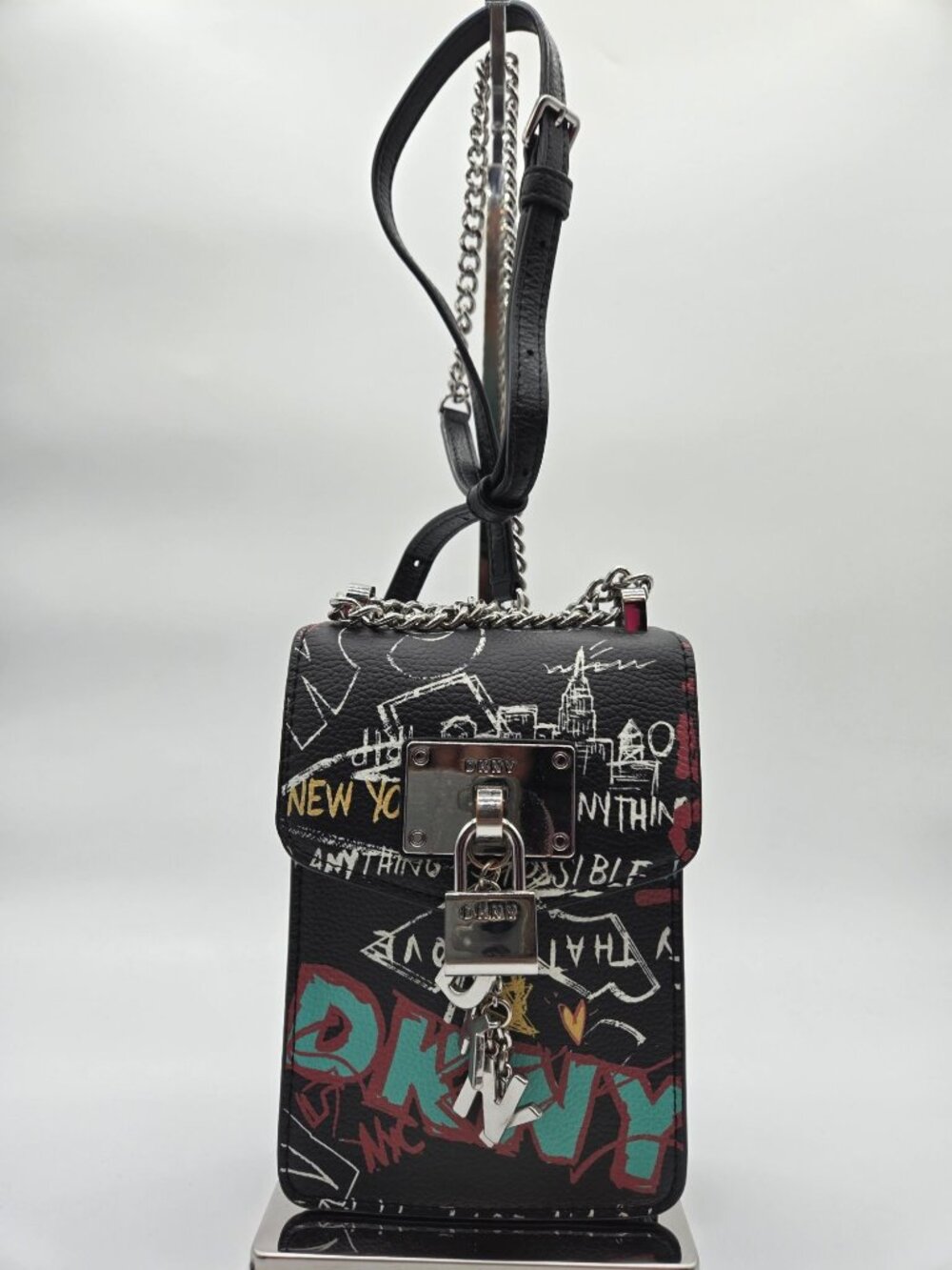 DKNY Graffiti Print Crossbody Bag Black North South Lock Charm Purse EUC